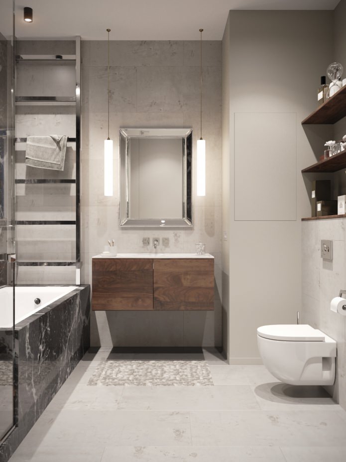Innenansicht eines Badezimmers kombiniert mit einer Toilette