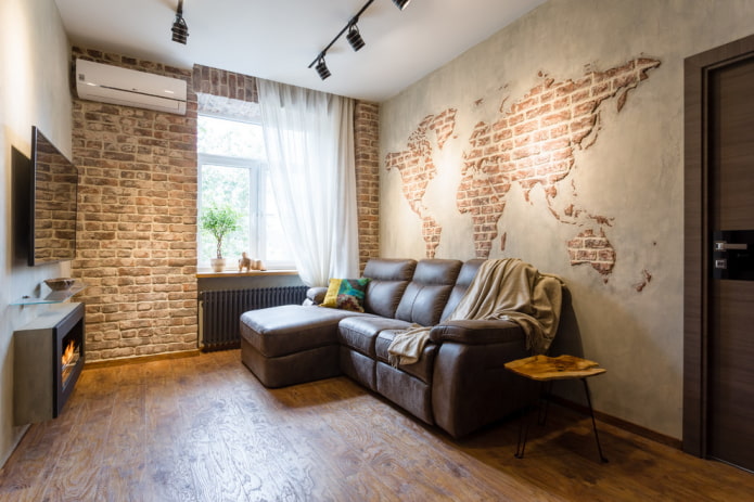 Interieur eines 16 Quadratmeter großen Wohnzimmers im Loft-Stil