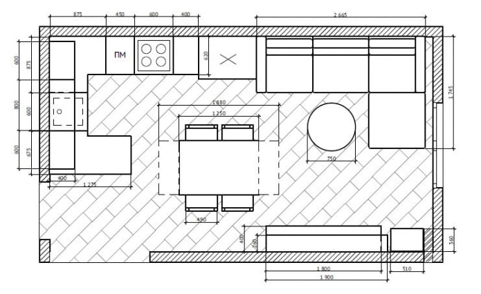 Plan der Wohnküche mit Möbeln und Geräten