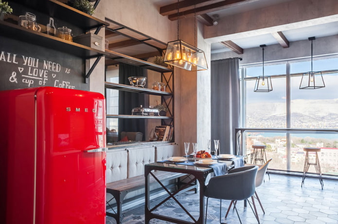 Design einer Küche kombiniert mit Loggia im Loft-Stil
