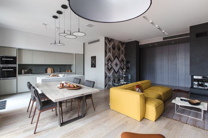 Kücheninnenarchitektur mit Wohnzimmer und Esszimmer