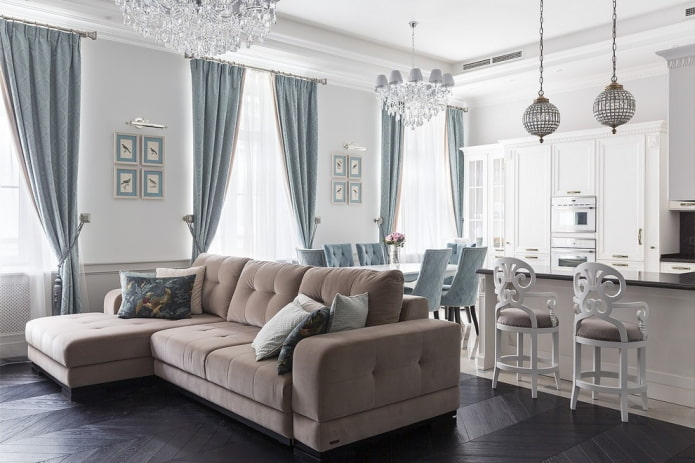 Kücheninnenarchitektur mit Wohnzimmer und Esszimmer