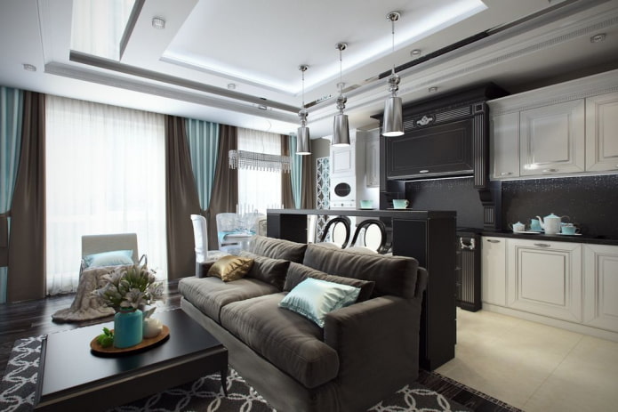 Küche-Esszimmer-Wohnzimmer im Art-déco-Stil