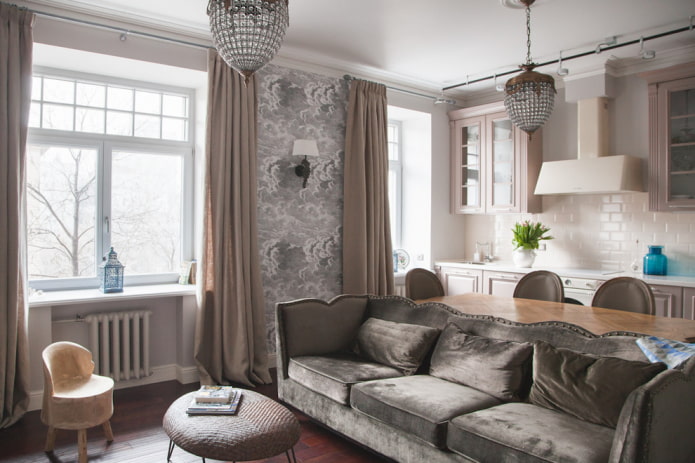 Kücheninnenarchitektur mit Wohnzimmer und Esszimmer