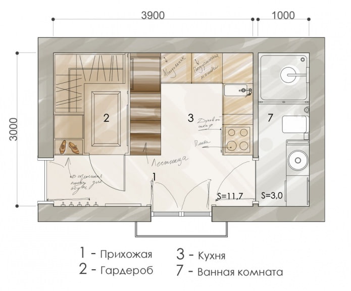 Wohnungsgrundriss von 15 m²