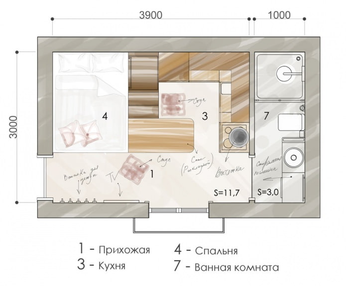 Wohnungsgrundriss von 15 m²