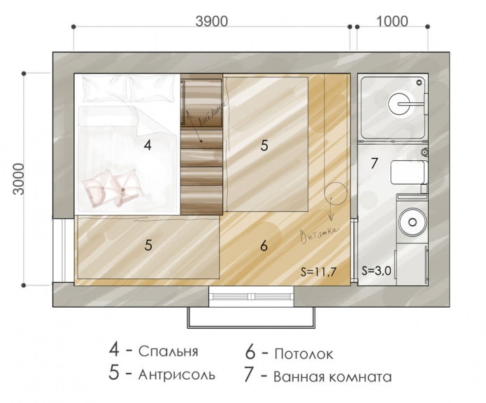 Wohnungsgrundriss von 15 m²