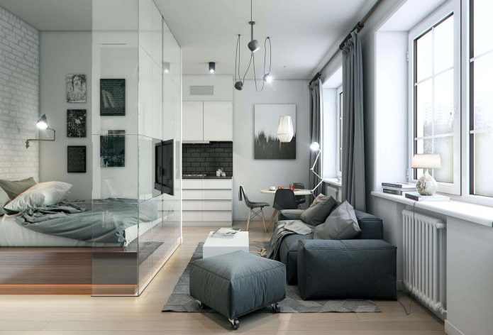 Zoneneinteilung im Inneren einer 35 Quadratmeter großen Wohnung