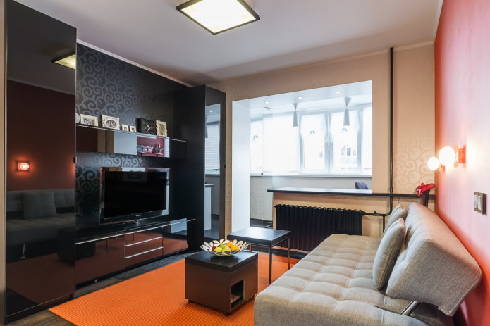 Wohnzimmerdesign im Inneren einer Wohnung von 35 Quadratmetern