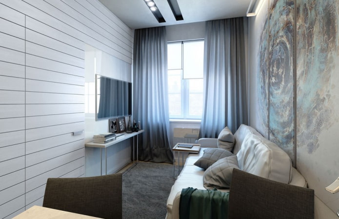 Wohnzimmerdesign im Inneren einer Wohnung von 35 Quadratmetern