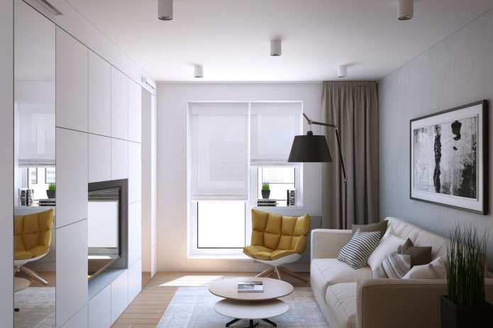 Wohnzimmerdesign im Inneren einer Wohnung von 35 Quadratmeter