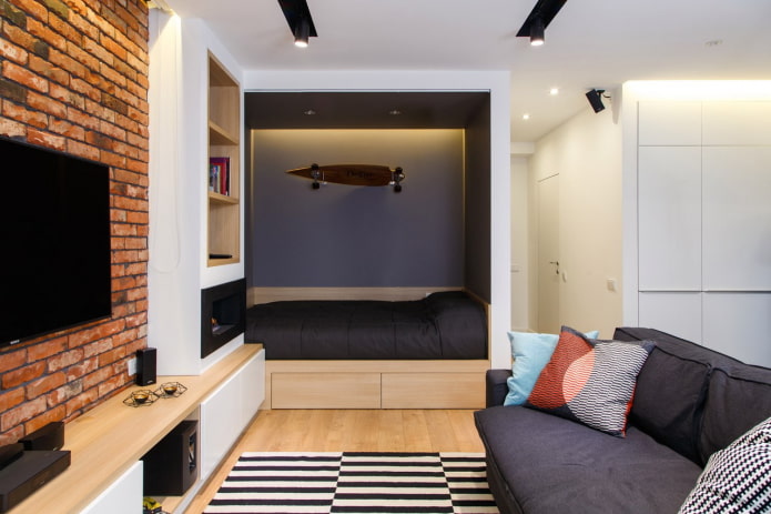 Innenraum einer Einzimmerwohnung mit 35 Quadratmetern