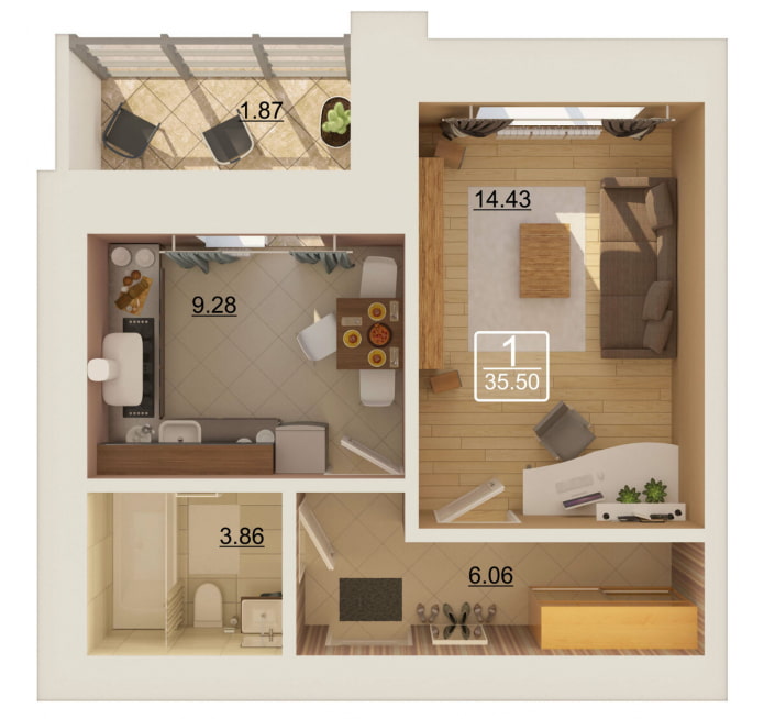 Innenraum einer Einzimmerwohnung von 35 Quadratmetern