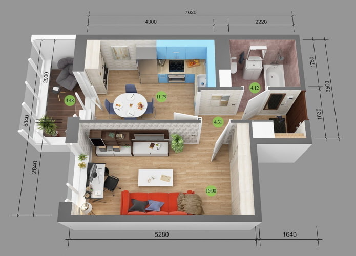 Grundriss einer 36 Quadratmeter großen Wohnung