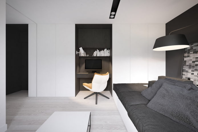 Innenansicht einer 36 Quadratmeter großen Wohnung im minimalistischen Stil