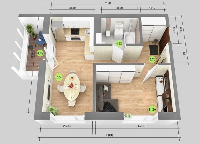 38 m² Wohnung Diagramm mit Filmmaterial