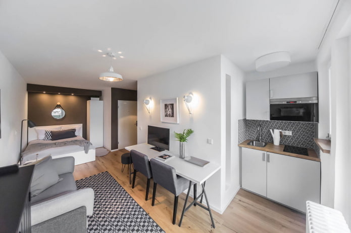 Küche, Wohnzimmer und Schlafzimmer in einem Raum