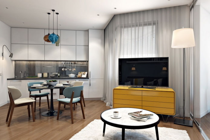 Küchendesign im Inneren einer 40 Quadratmeter großen Wohnung