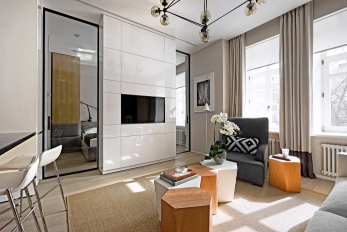 Innenansicht einer 40 Quadratmeter großen Zweizimmerwohnung im europäischen Stil Wohnung
