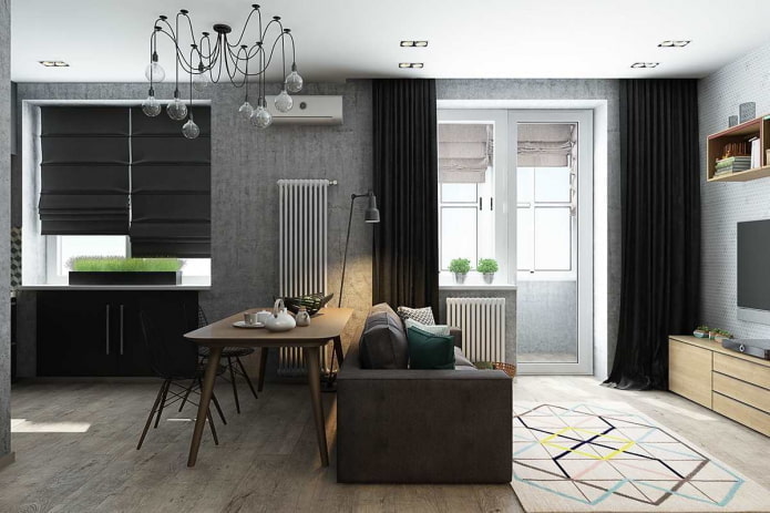 Innenansicht einer 40 Quadratmeter großen Zweizimmerwohnung im europäischen Stil