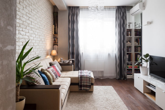 Wohnzimmergestaltung im Inneren einer 45 Quadratmeter großen Wohnung