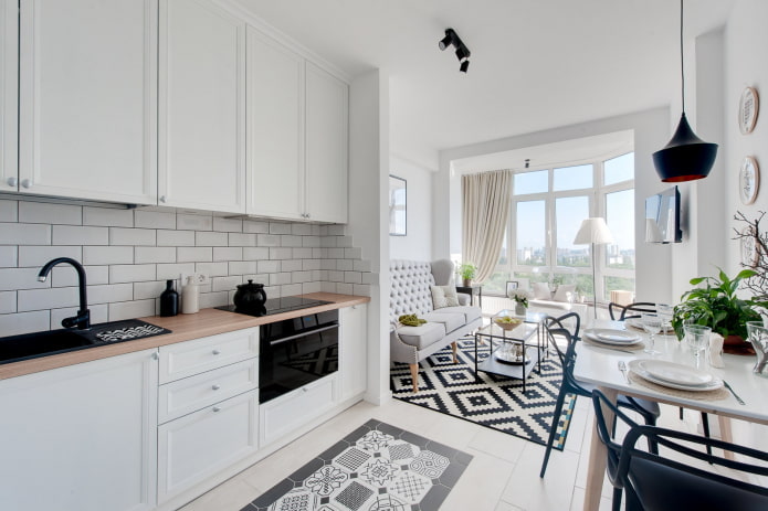 Küchendesign im Inneren einer 45 Quadratmeter großen Wohnung