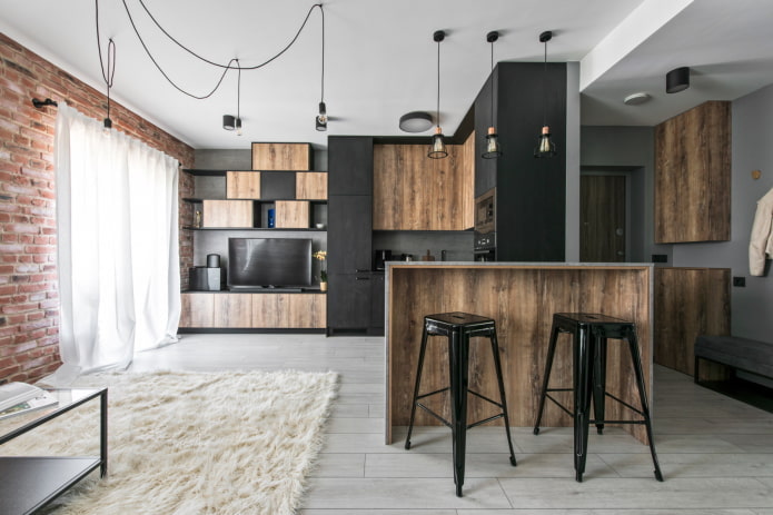 Innenraum einer 50 Quadratmeter großen Wohnung im Loft-Stil