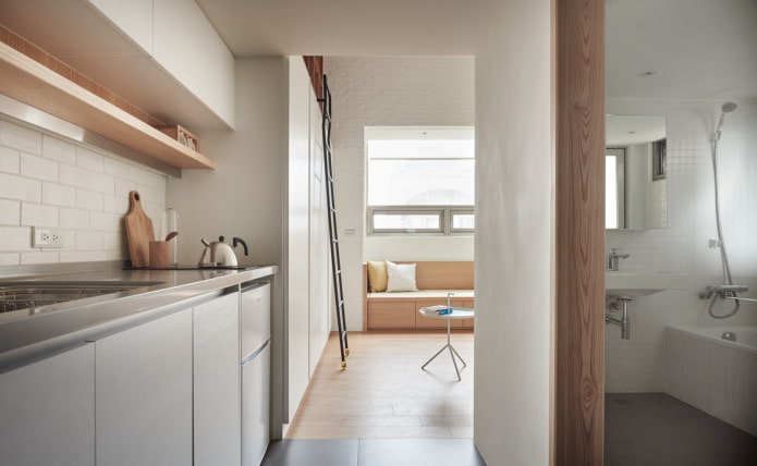 Badezimmer und Küche in einem Studio