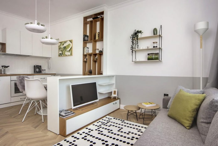Zoneneinteilung im Innenraum eines Studio-Apartments
