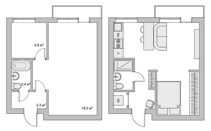 Studio-Layout 29 m²