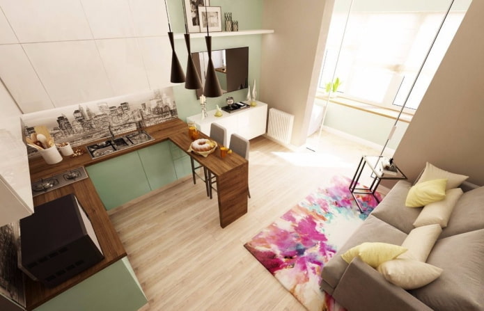 Innenraum eines Studio-Apartments mit Balkon