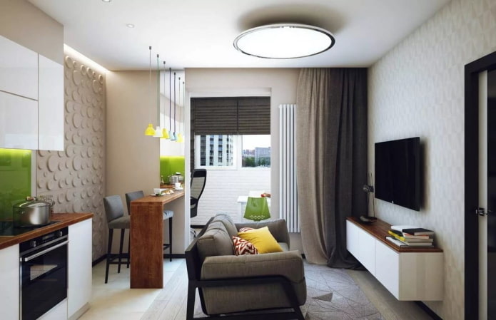 Innenansicht eines Studio-Apartments mit Balkon