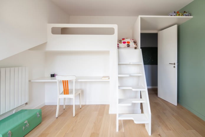 Tisch-Bett-Kombination in einem Kinderzimmer in Weiß
