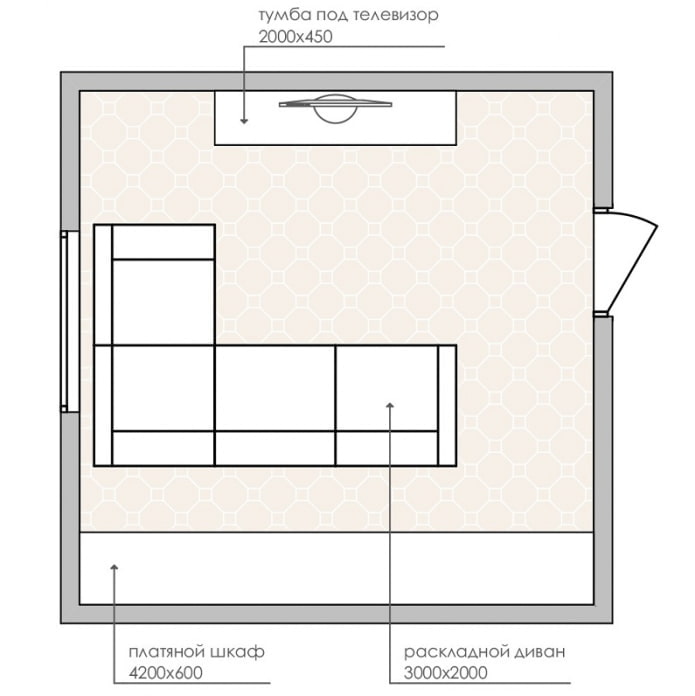 Kleines Wohnzimmer-Layout-Diagramm mit einem Ecksofa