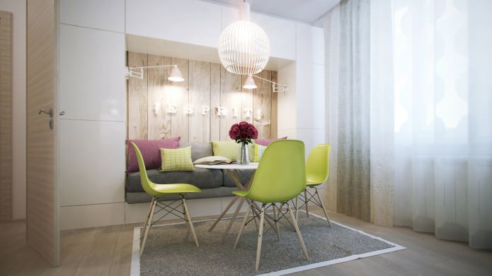 Küche im Design einer 40 m² großen Einzimmerwohnung.