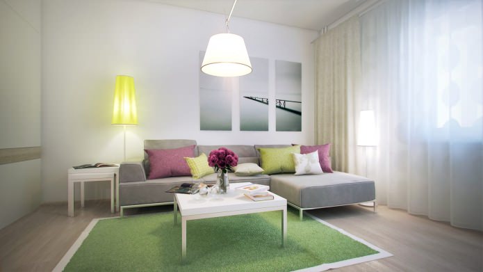 Wohnzimmer im Design einer 40 m² großen Einzimmerwohnung.