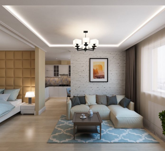 Wohnzimmer-Schlafzimmer in einer Einzimmerwohnung mit 50 m²
