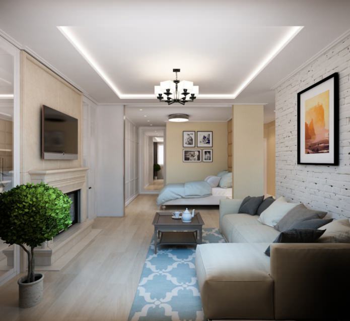 Wohnzimmer-Schlafzimmer in einer Einzimmerwohnung mit 50 m²
