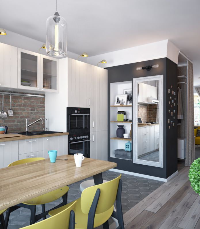 Entwurf einer Küche in einer Einzimmerwohnung mit ausschwenkbarem Design