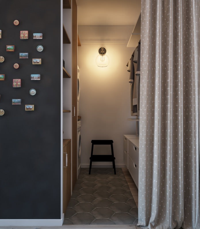 Entwurf eines Ankleidezimmers in einer Einzimmerwohnung mit ausschwenkbarem Design