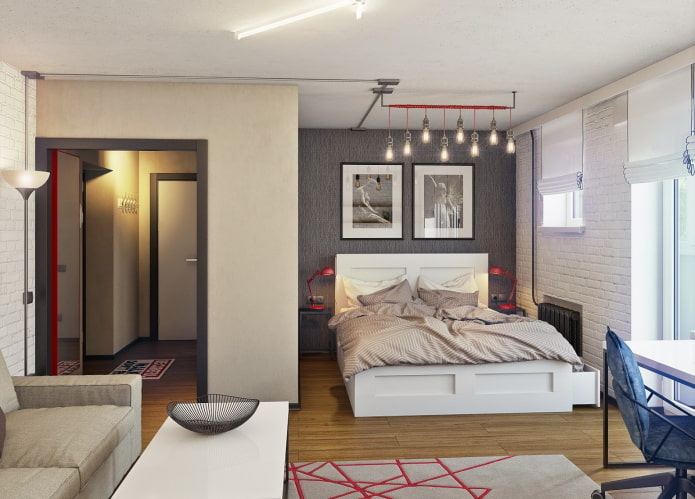Möbelanordnung in einer Einzimmerwohnung mit Nische