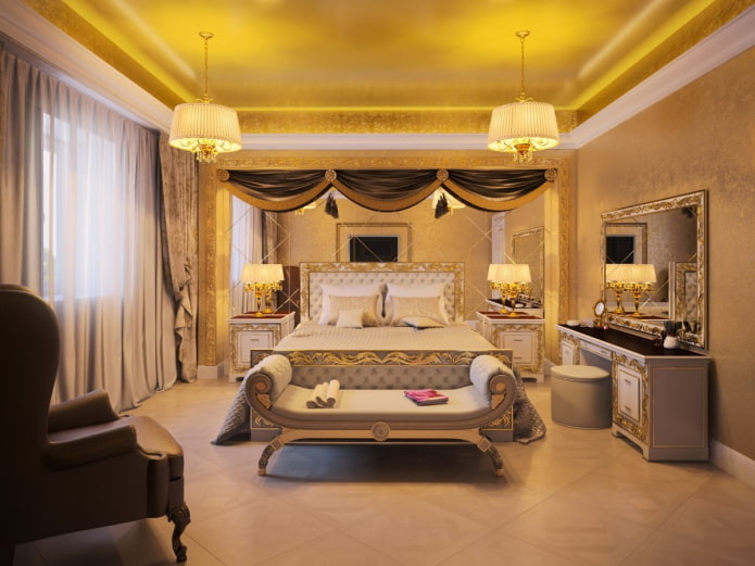 goldene Decke im Schlafzimmerinnenraum