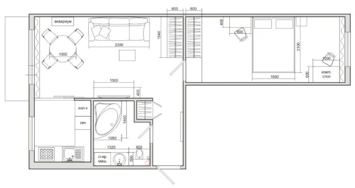 Grundriss einer Zweizimmer-Chruschtschowka mit 44 m².
