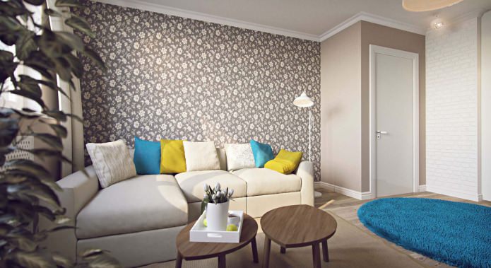 Wohnzimmer im Projekt einer Einzimmerwohnung mit 43 m²