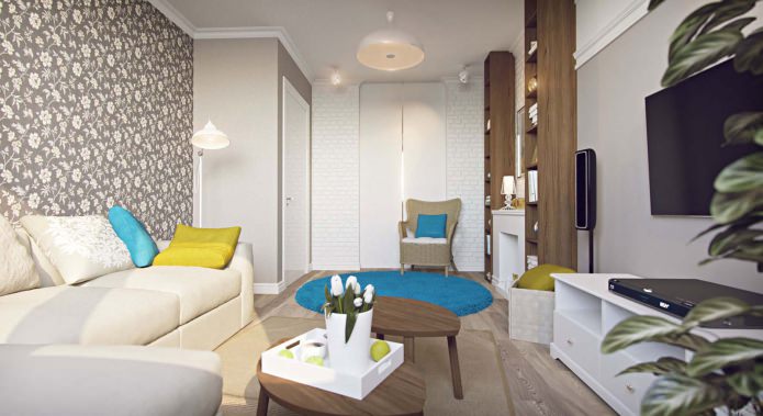 Wohnzimmer im Projekt einer Einzimmerwohnung mit 43 m².