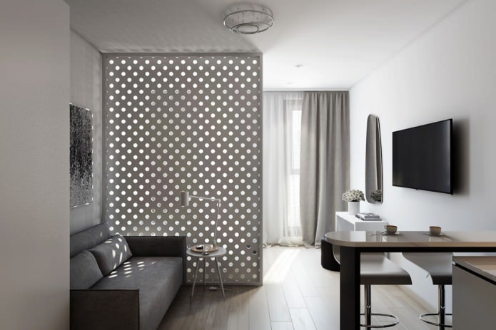 Designprojekt eines Studios von 29 m² mit dekorativer Trennwand