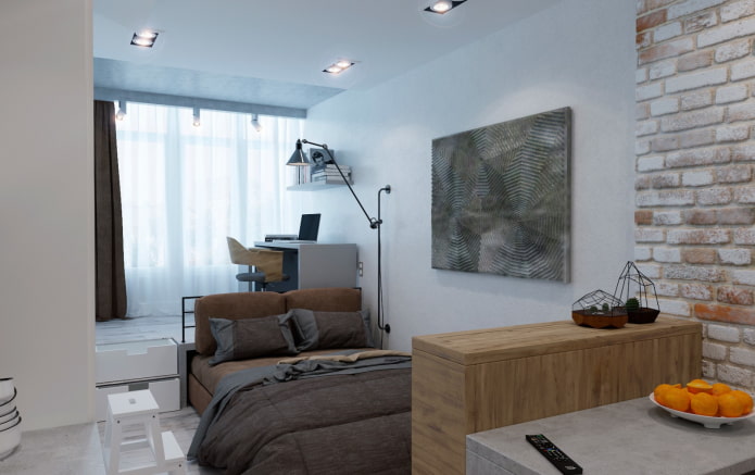 Möbelanordnung im Inneren eines Studio-Apartments