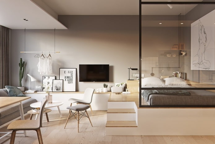 Möbelanordnung im Inneren eines Studio-Apartments