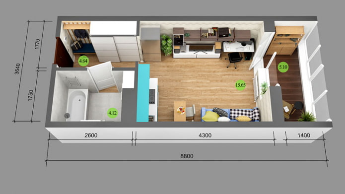 Grundriss eines Studio-Apartments mit 25 m².