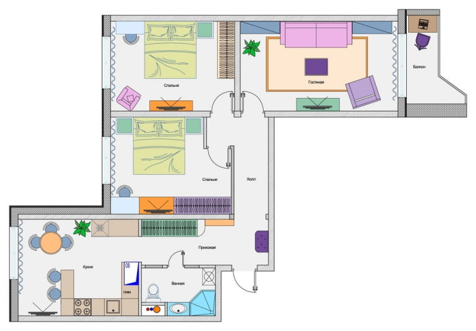 Eine Dreizimmerwohnung mit einem Arbeitszimmer auf dem Balkon